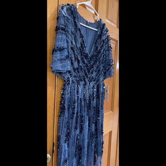 Women’s Formal Dress AIDAN MATTOX Size 10 Blue Beaded Short Sleeve AUTHENTIC NEW - Picture 10 of 11
